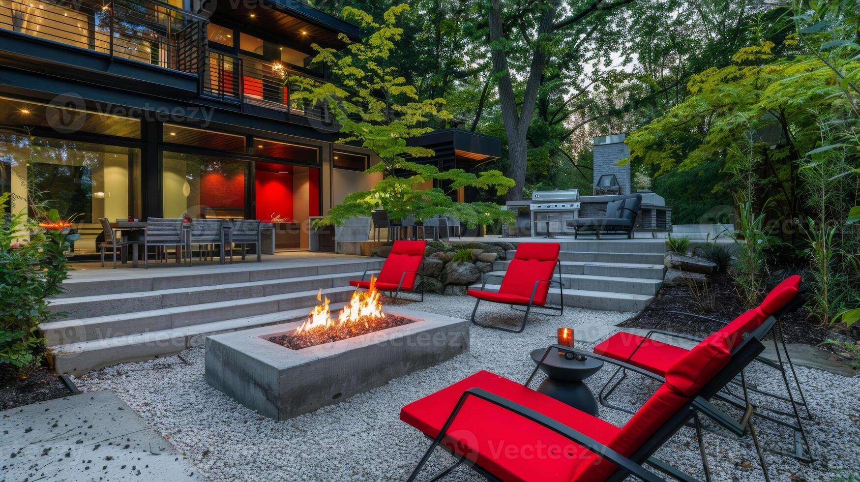 Vibrant red chairs and a matching fire pit add a pop of color to this otherwise neutral outdoor living space. 2d flat cartoon photo
