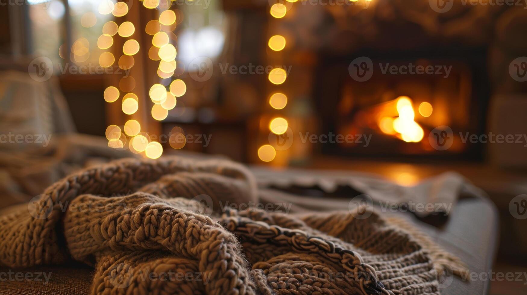 The warmth of the fireplace is complemented by plush blankets and pillows creating the perfect spot to snuggle up and relax. 2d flat cartoon photo