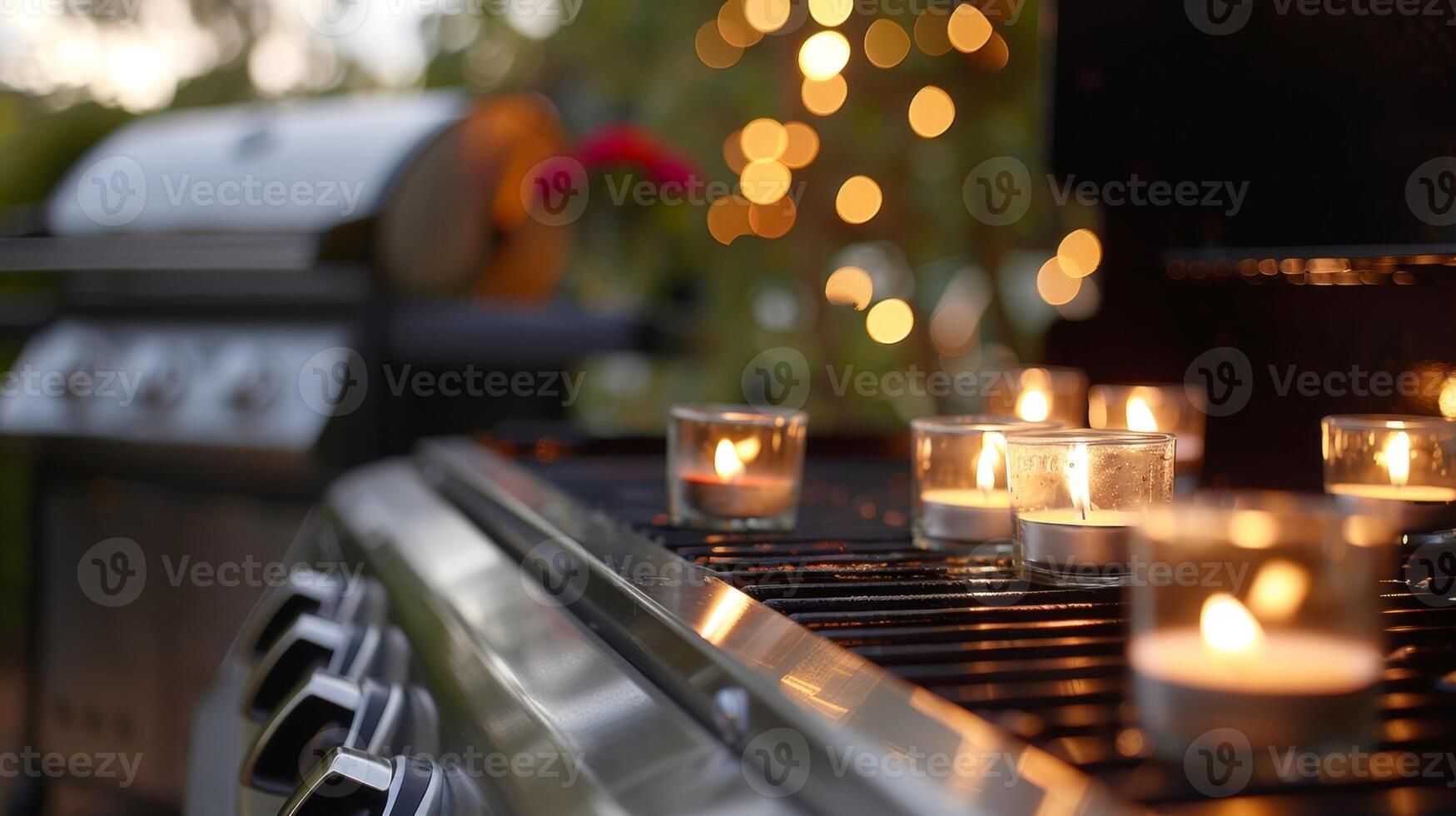 The flickering candles reflect off of the shiny grill adding a touch of elegance to the backyard barbecue scene. 2d flat cartoon photo