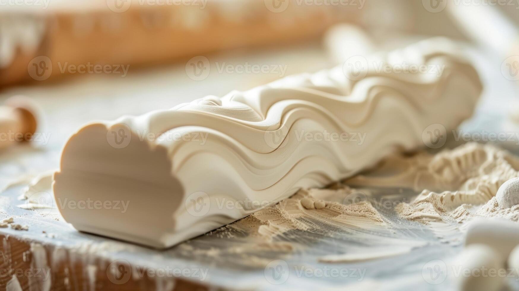 An angled view of a pottery texture roller with a wavelike pattern showcasing its versatility for adding texture to both flat and curved surfaces. photo