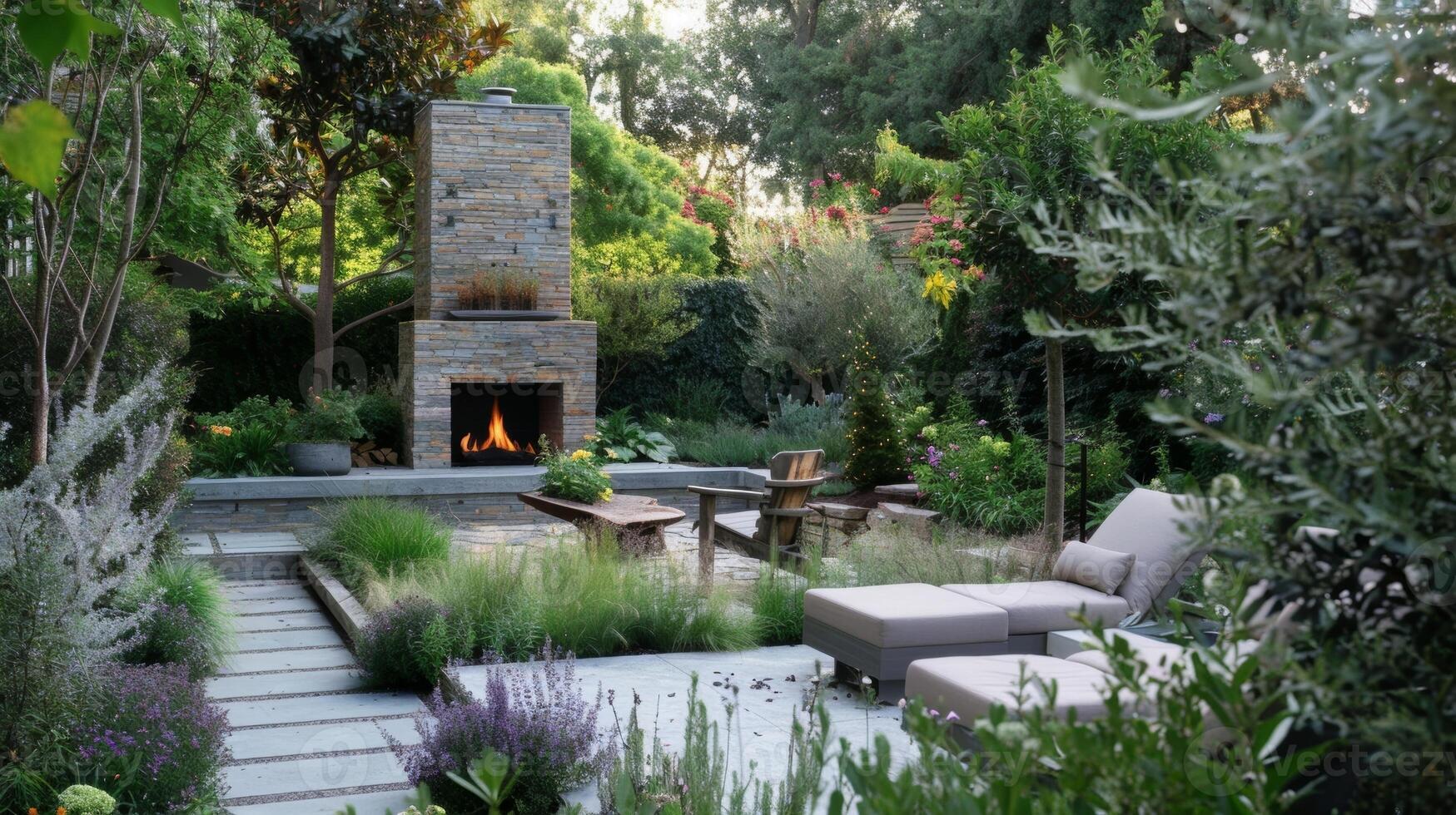 A crackling fireplace takes center stage in this modern garden adding a cozy element to the outdoor space. 2d flat cartoon photo