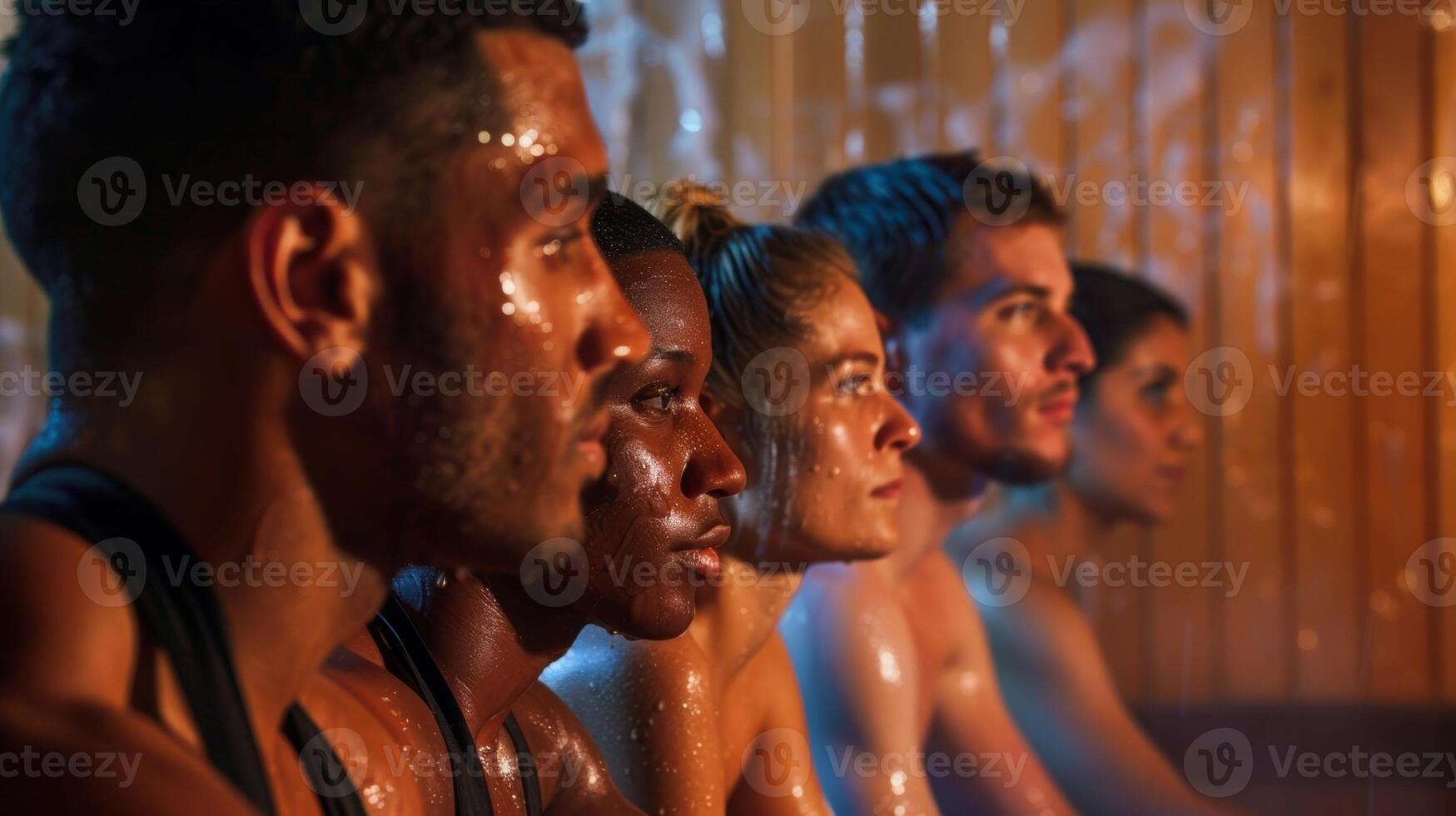 A group of people guided by a fitness trainer are seen taking turns sitting in a sauna their faces flushed and sweat dripping from their skin as they follow the trainers lead. photo