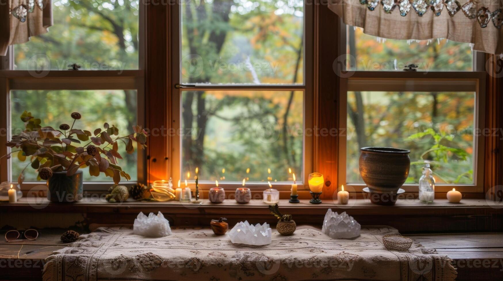 A low table adorned with candles and crystals stands in front of a large window providing a serene view for contemplation. 2d flat cartoon photo