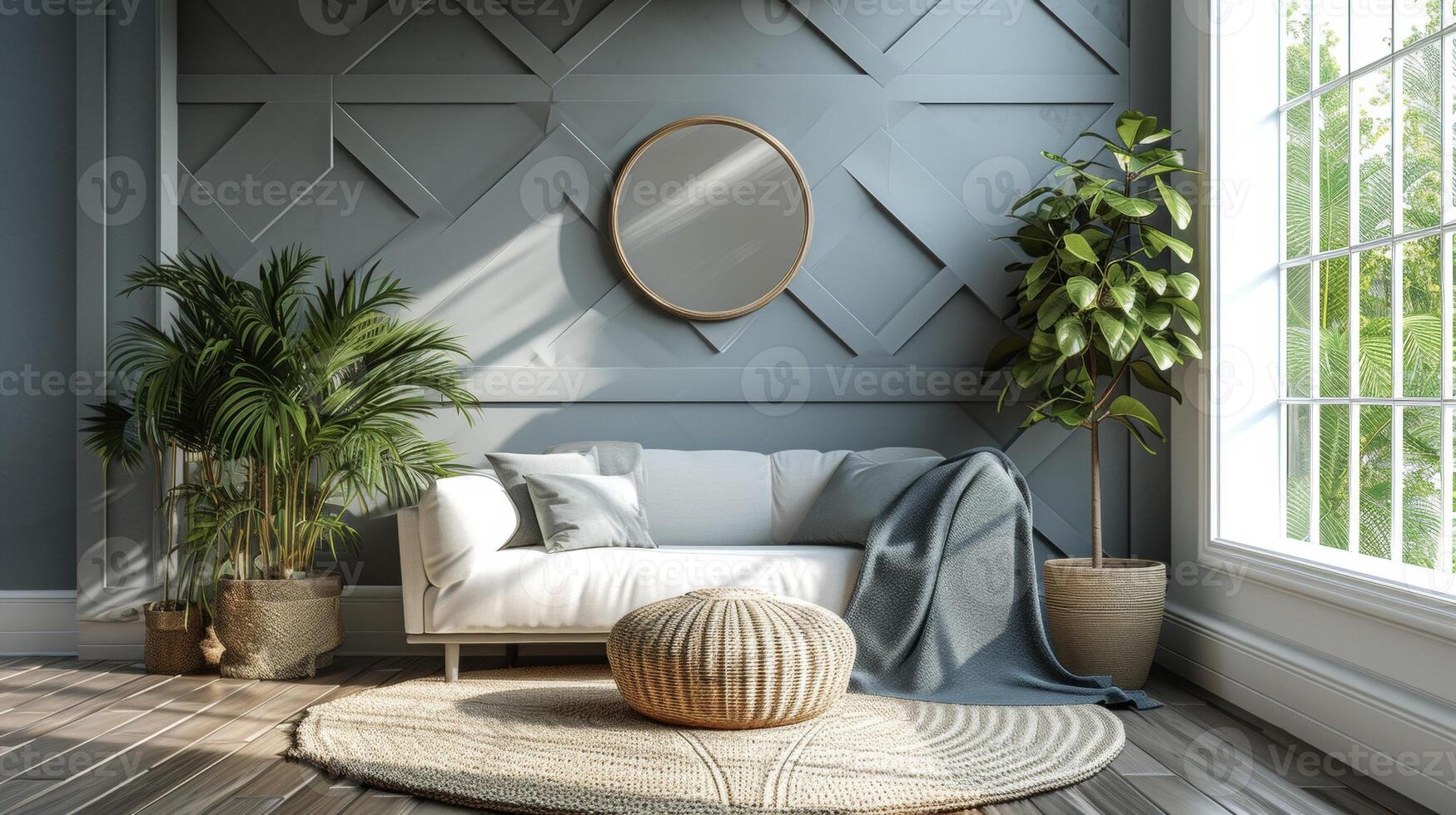 The entryway of a home is given a modern and stylish update with a geometric print wallpaper in shades of gray and white showcasing a unique combination of triangles and circles photo