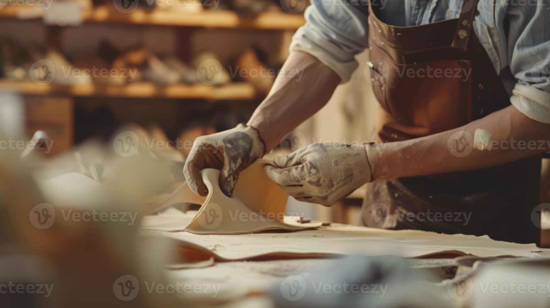 Soft supple leather being carefully at a workbench ready to be molded into a unique shoe photo