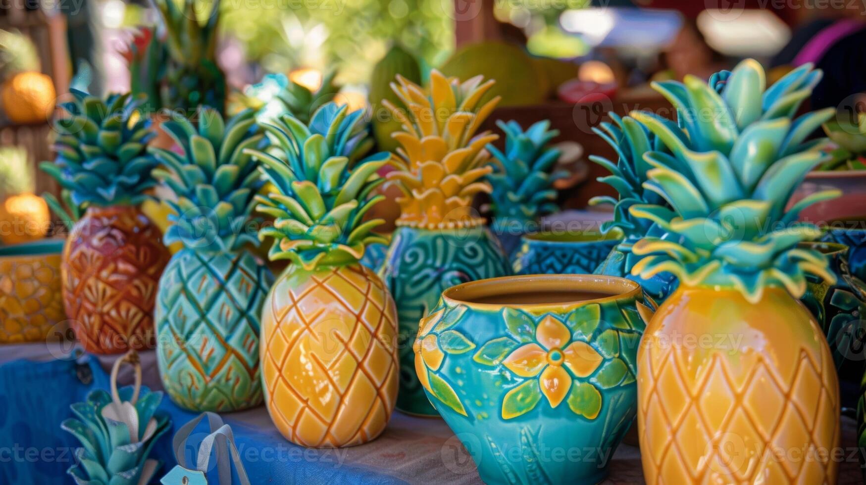 A vendor selling handpainted pineappleshaped planters and pineapplethemed home decor at the local Pineapple Day street fair photo