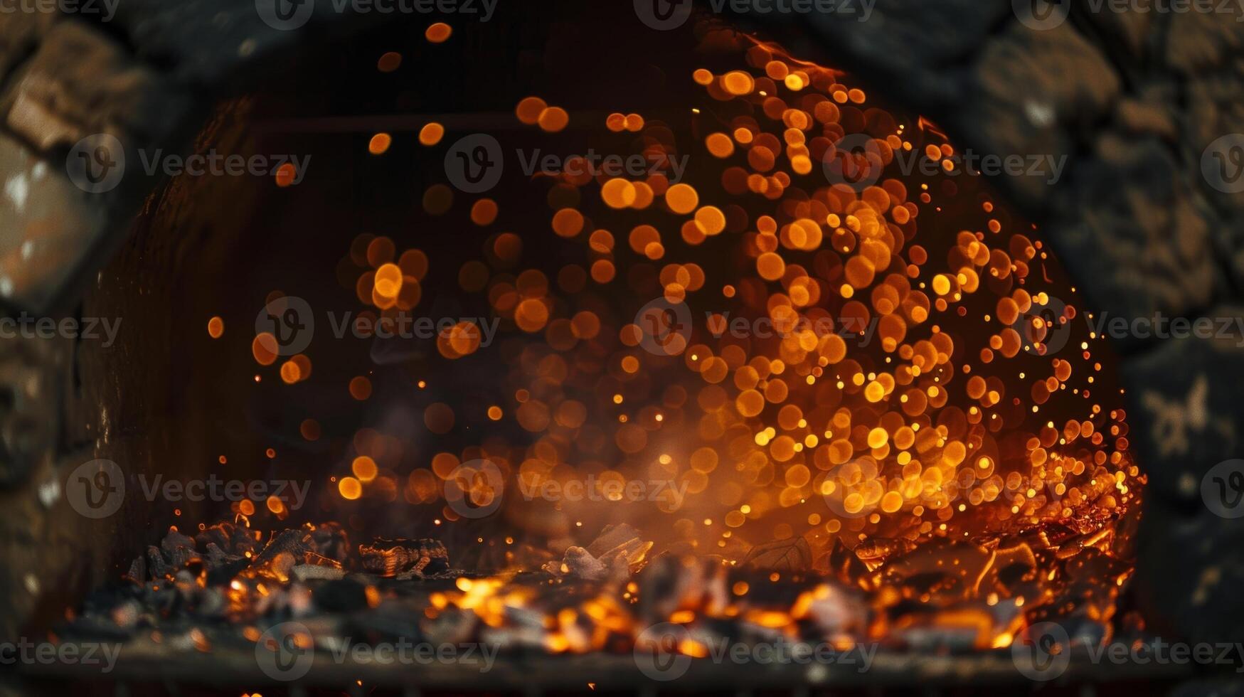 The mesmerizing sight of glowing embers as pottery pieces are fired in a small kiln. 2d flat cartoon photo