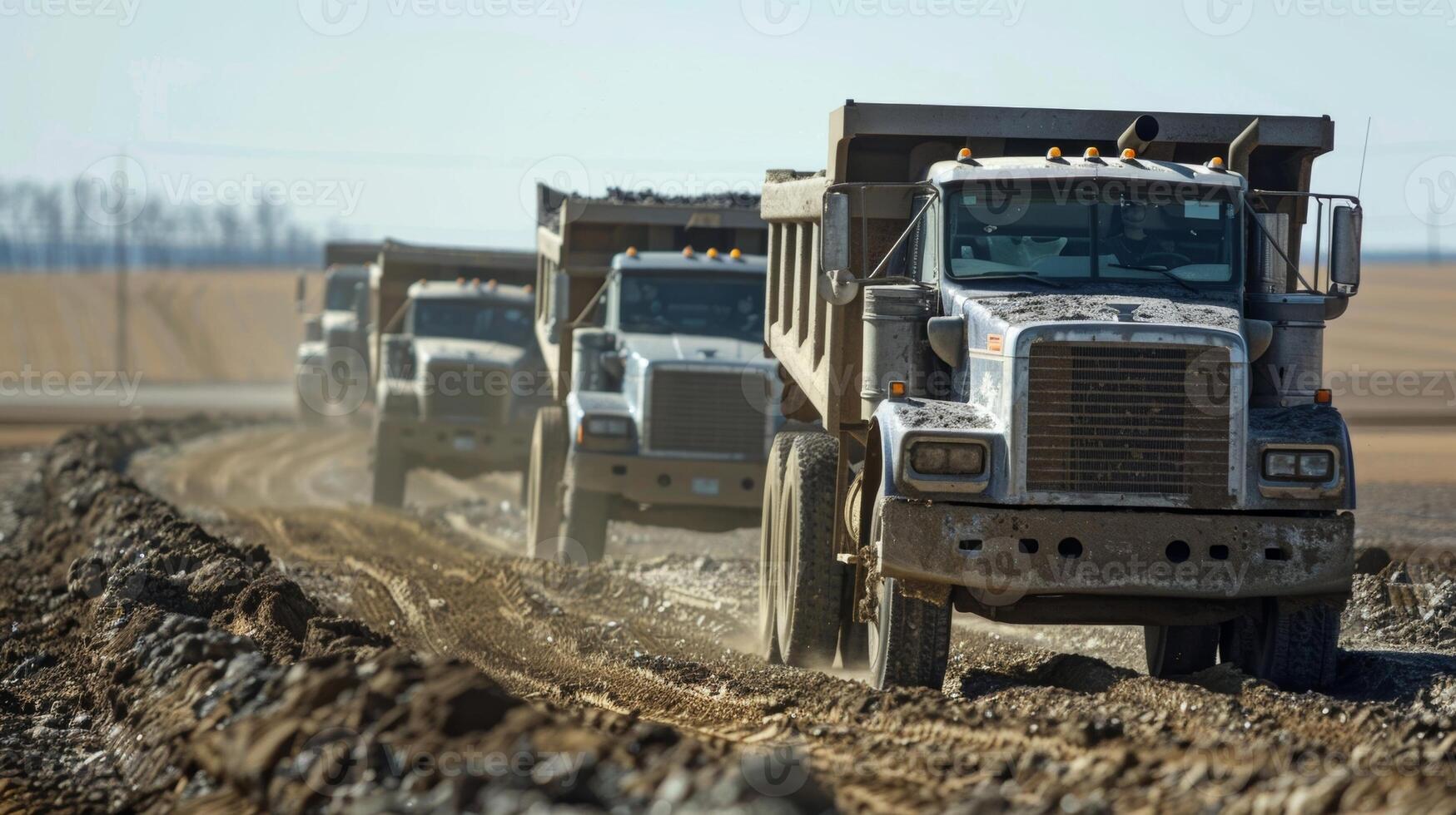A line of dump trucks unloading gravel onto a freshly leveled plot of land photo