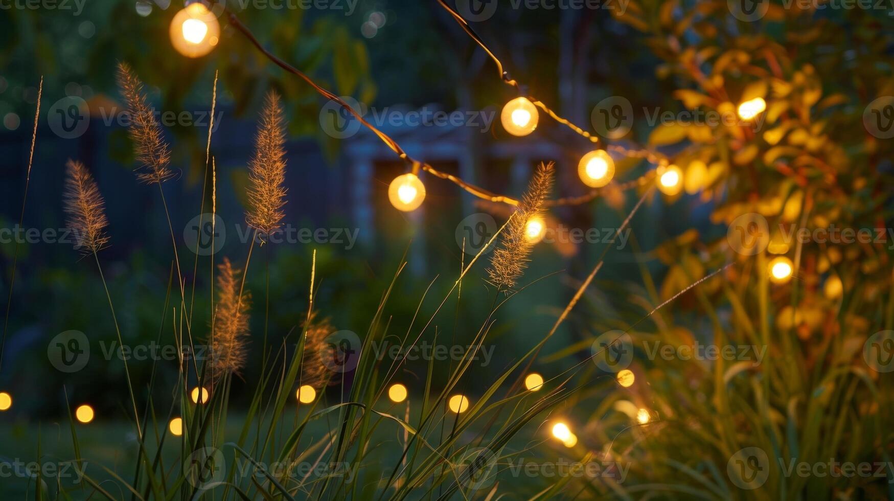 The soft glow of string lights weaving through the tall grass creating a cozy atmosphere photo