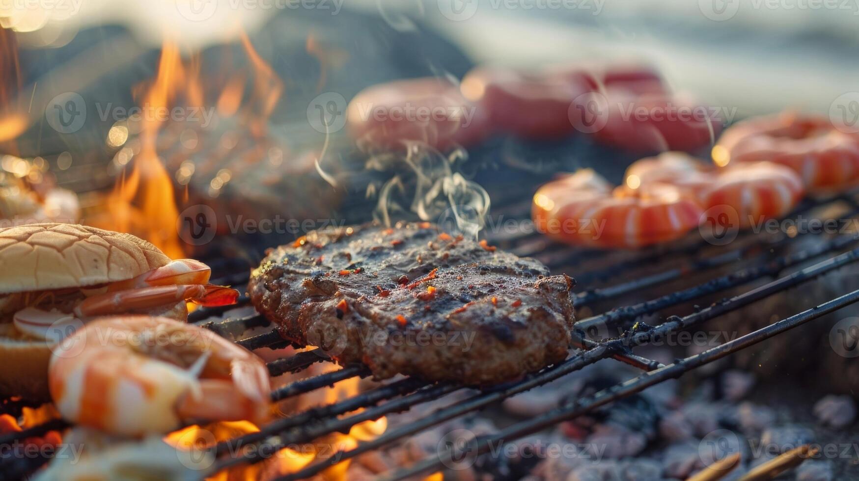 A vivid image of a BBQ grill with sizzling seafood and juicy burgers accompanied by a caption on how to safely cook on the beach photo