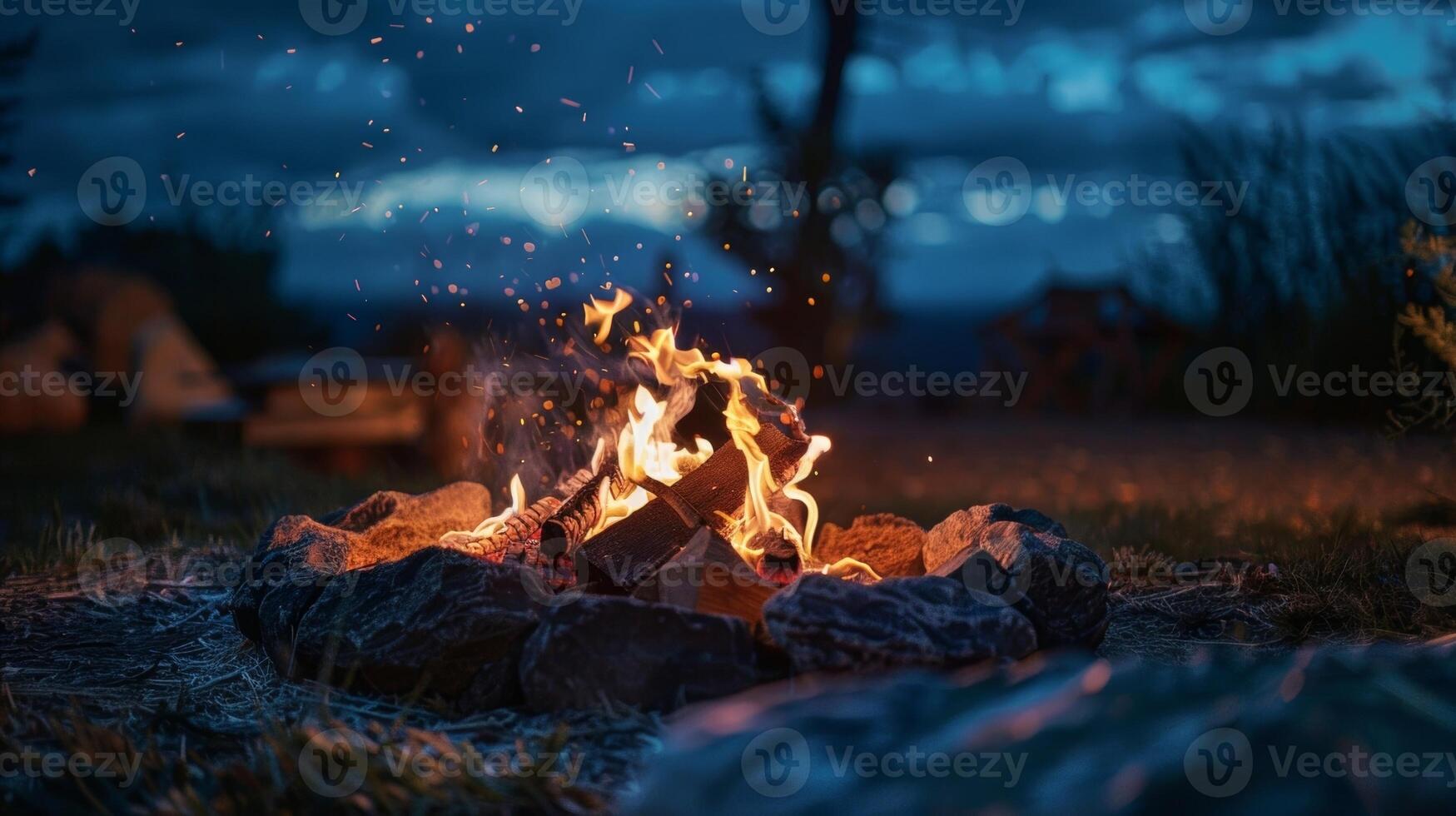 el chicharrón fuego en el fuego pozo proporciona el Perfecto ambiente para un romántico noche con un ver de el estrellado cielo arriba. 2d plano dibujos animados foto