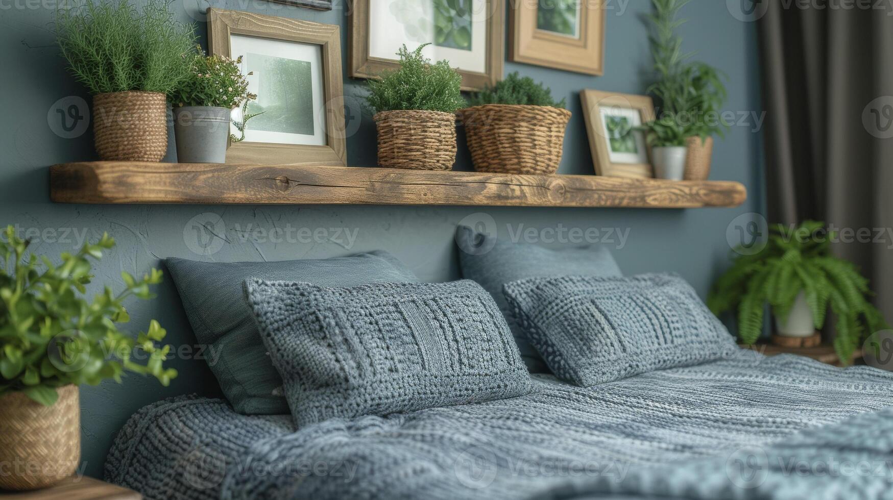 A side view of a rustic wooden custom shelving unit in a cozy bedroom with woven baskets framed photos and plants adding a personal touch to the display