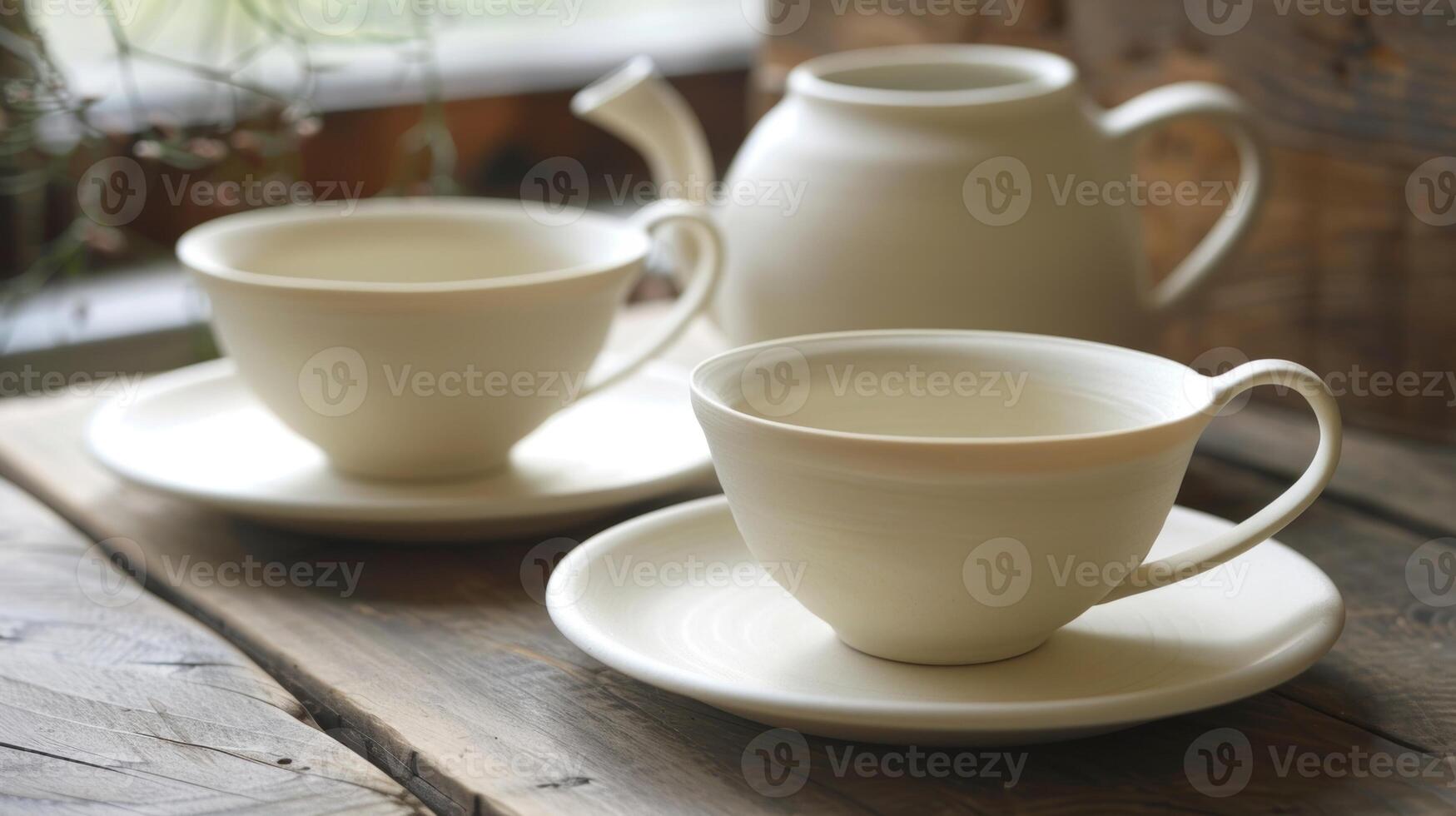 A set of delicate tea cups and saucers made from lightweight and durable porcelain paper clay. photo