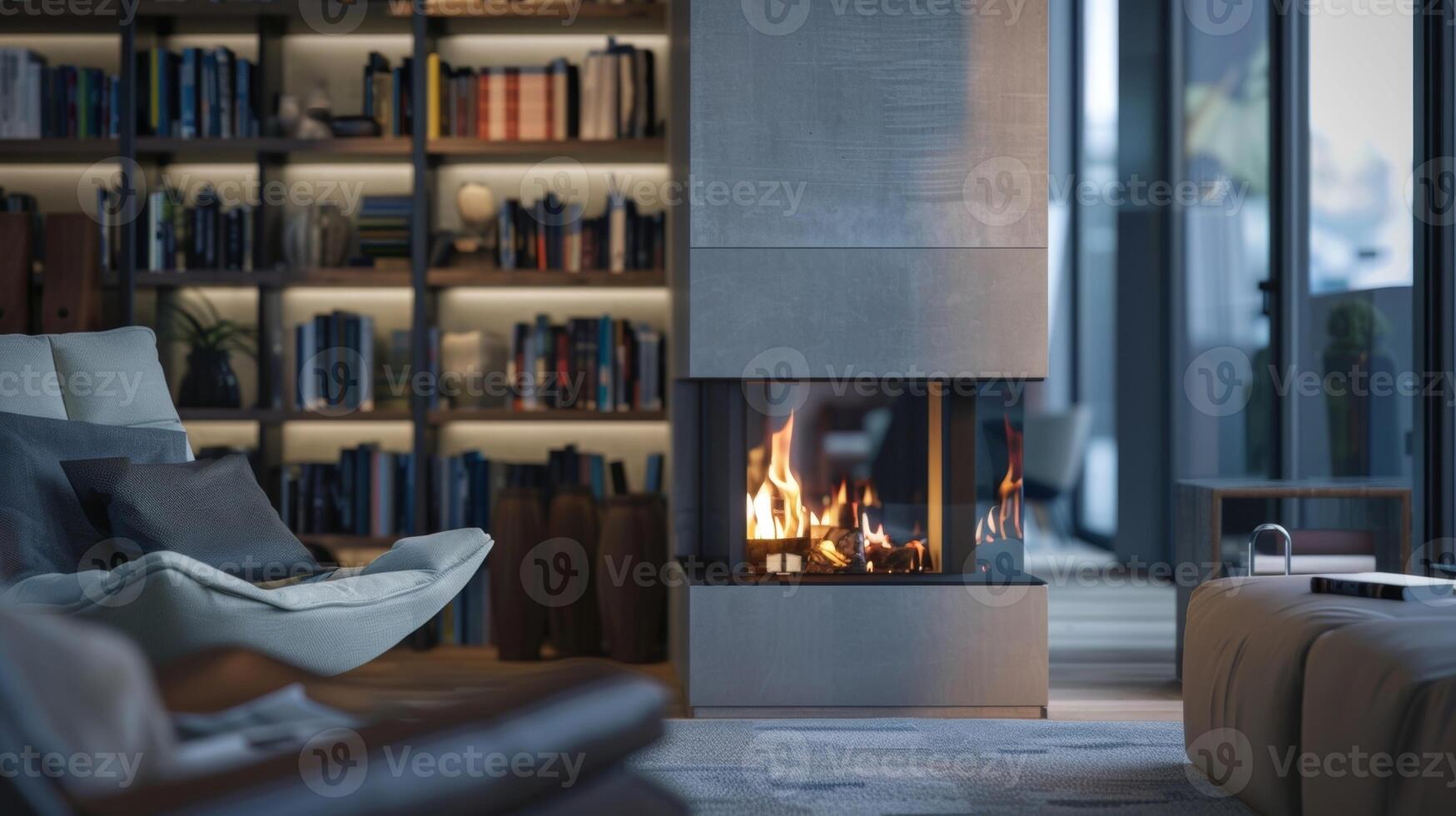 The sleek fireplace is complemented by a builtin bookshelf creating a cozy reading nook in the corner of the sleek and stylish apartment. 2d flat cartoon photo