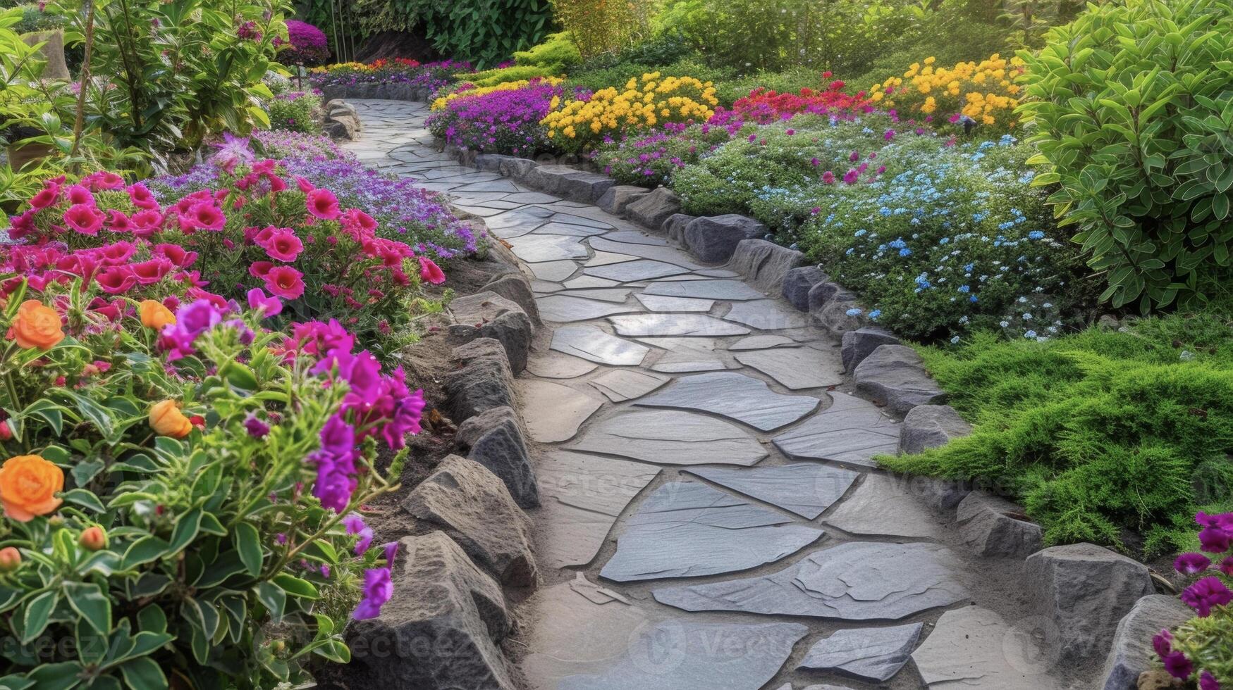 A DIY stone pathway winding through a beautiful garden lined with colorful flowers and shrubs photo