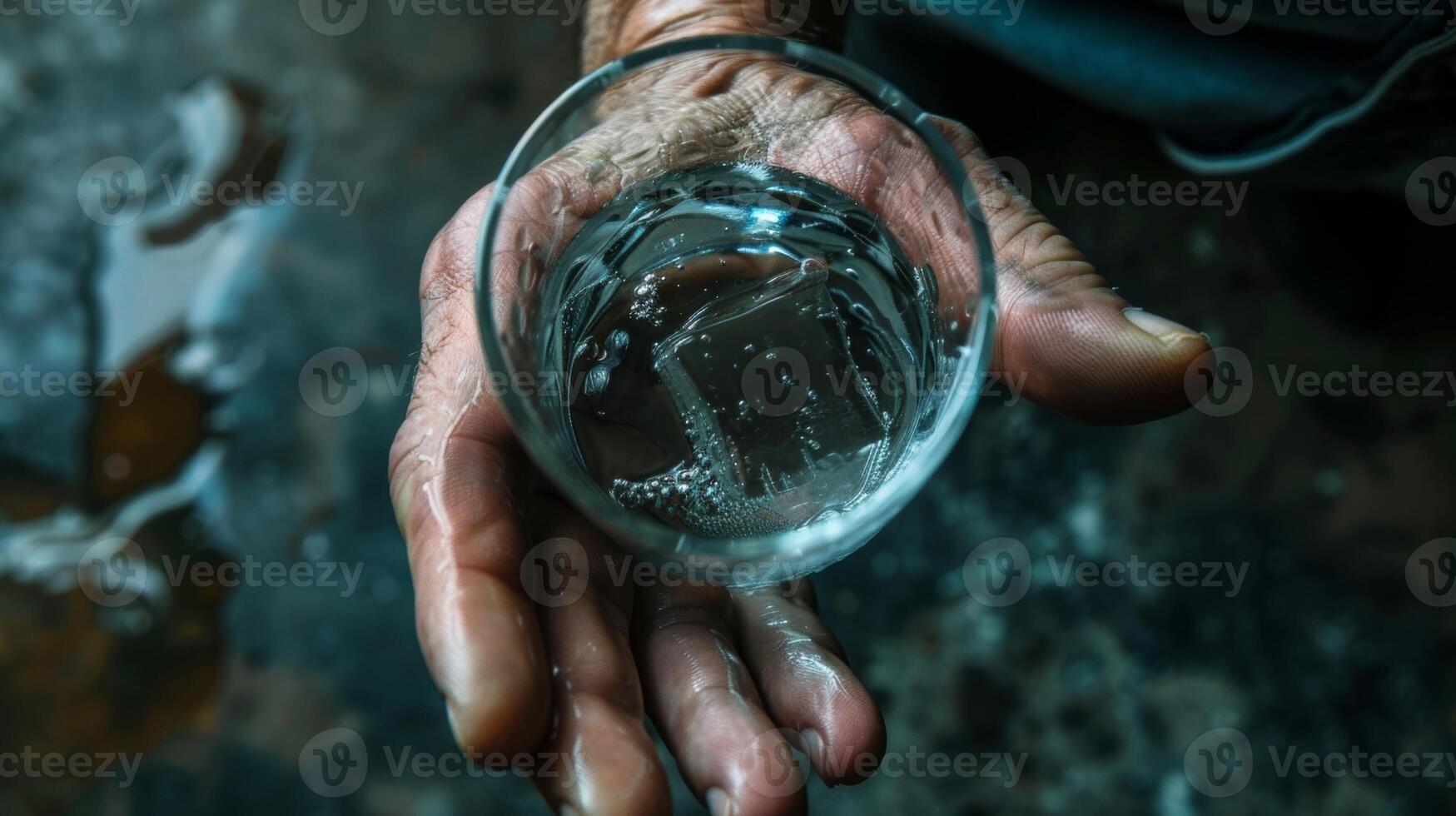 A closeup of a worn calloused hand holding onto a cold glass of water providing relief to a firefighters parched throat after a hot sauna session. photo