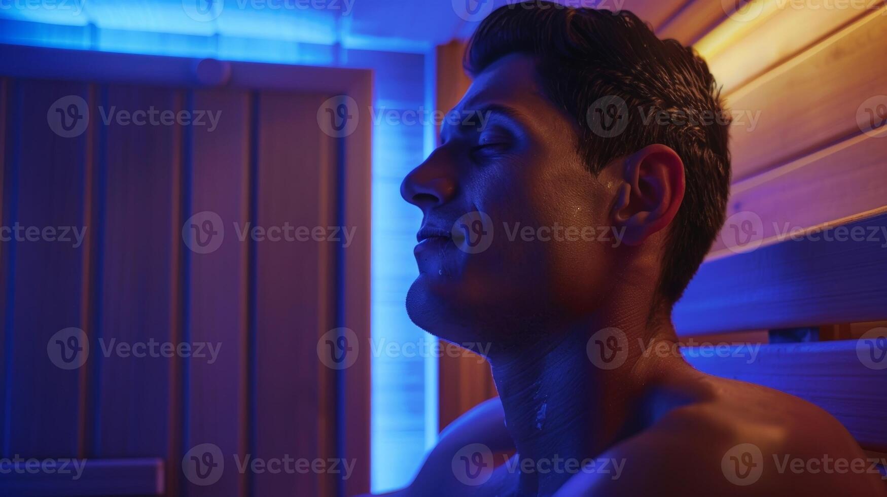 A man adjusts the intensity of the heat in his sauna to match his desired level of sweat while also choosing soothing blue light therapy for relaxation. photo