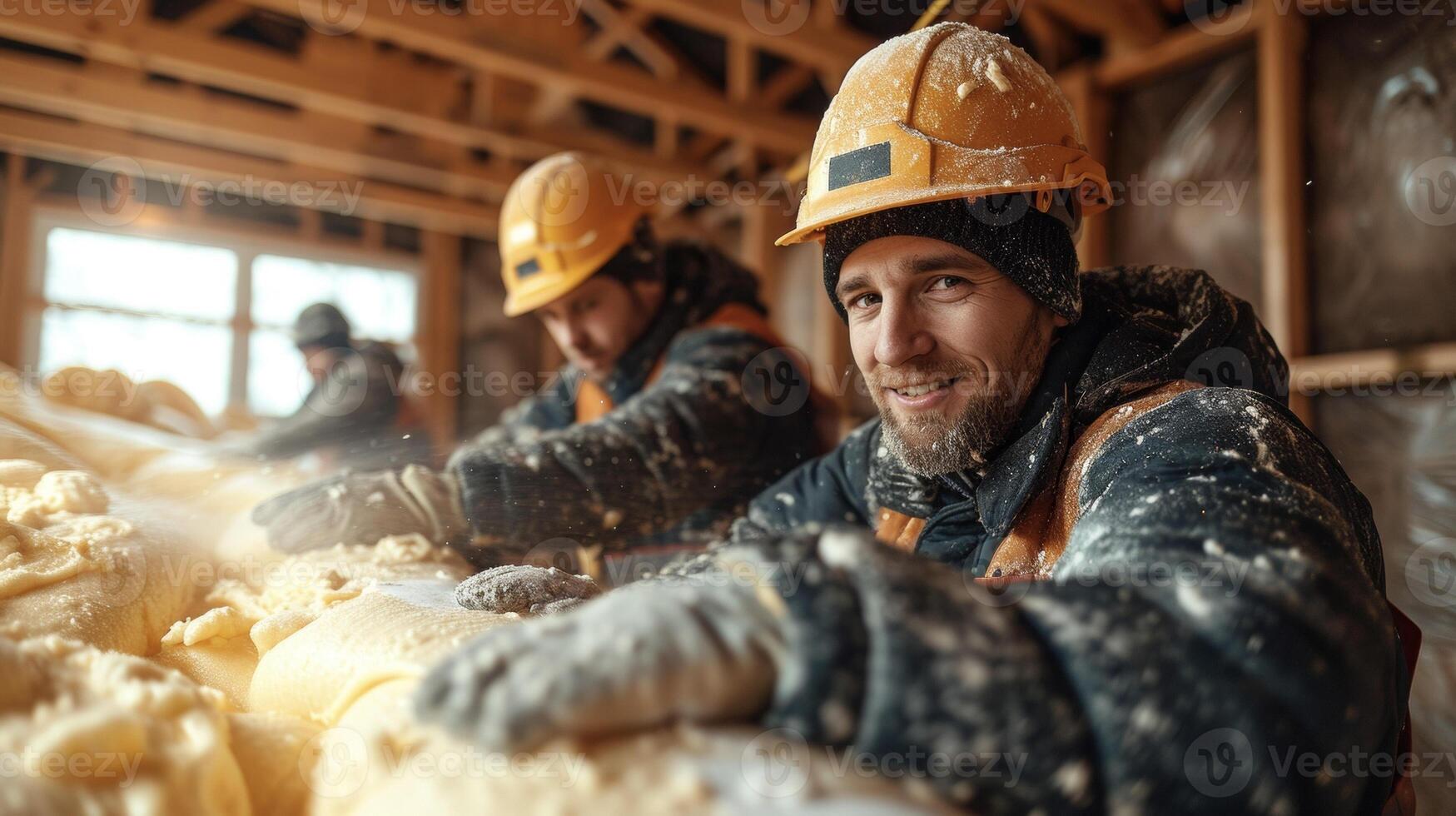 In a bustling construction site workers use spray foam insulation to fill in crevices and gaps in the walls creating a seamless layer of thermal protection photo