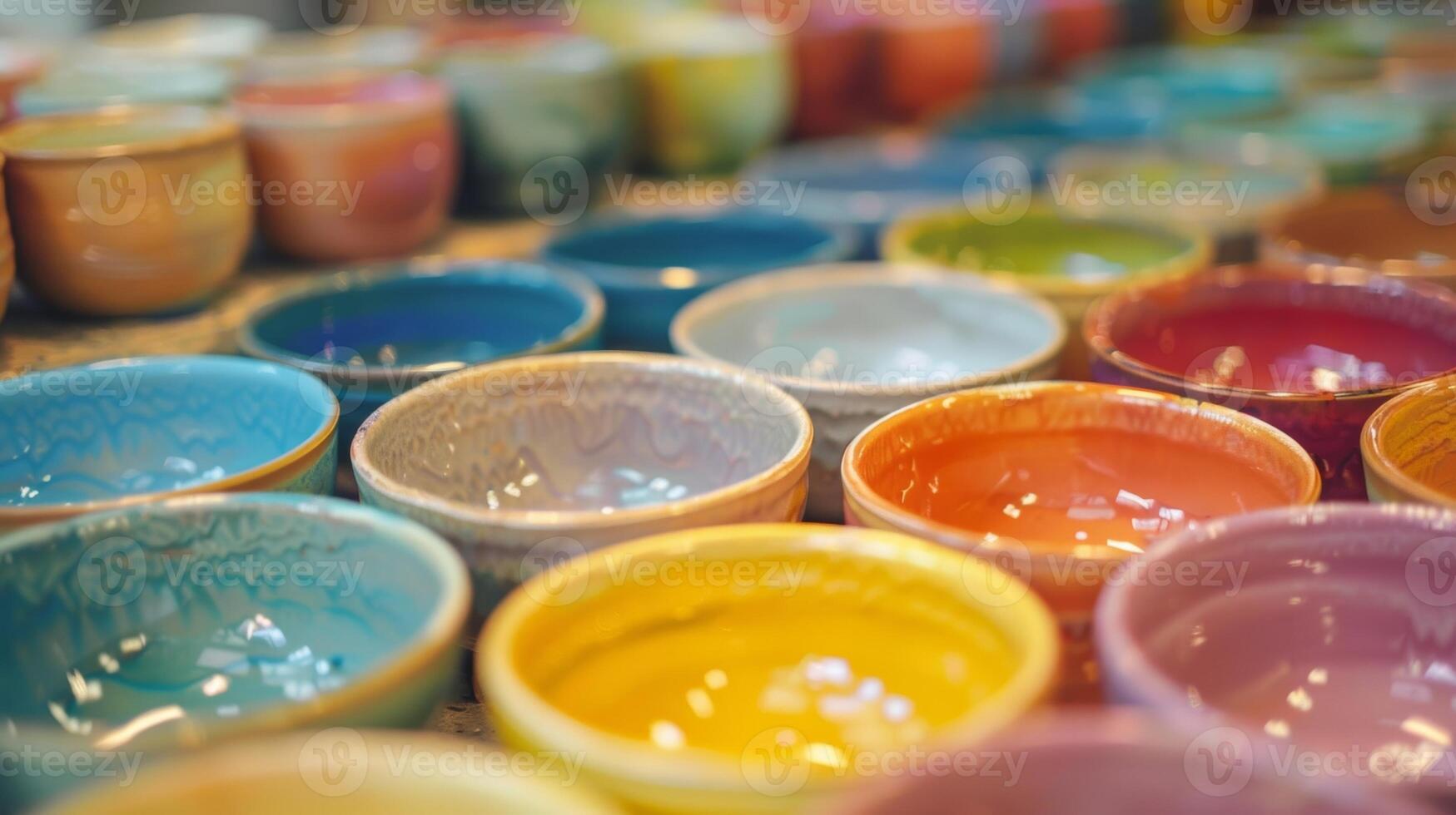 A row of brightlycolored porcelain glazes each one ready to be carefully brushed onto a handmade piece of pottery. photo
