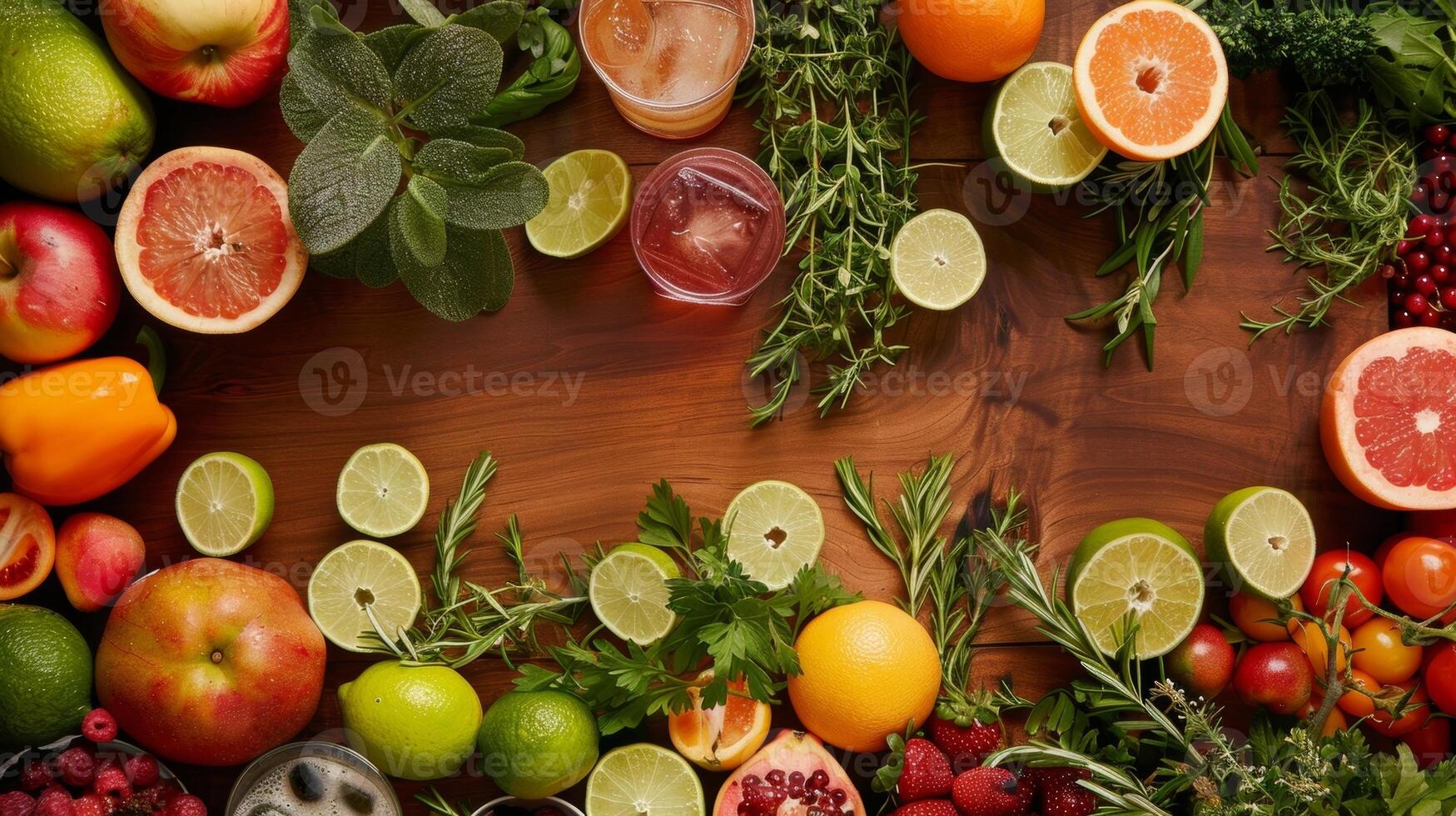 A table adorned with fresh fruits and herbs ready to be used in the creation of delicious mocktails photo