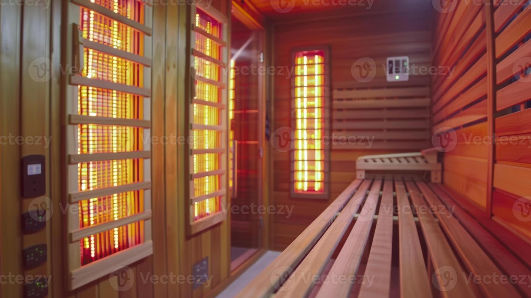 A shot of the infrared lamps installed in the sauna as the vlogger explains how they produce gentle heat thats safe for the body. photo