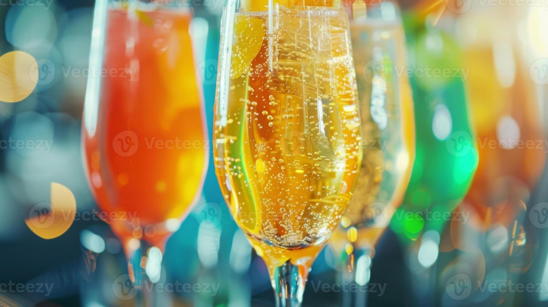 Sparkling glasses filled with vibrant mocktails are lined up on a bar ready to be served photo