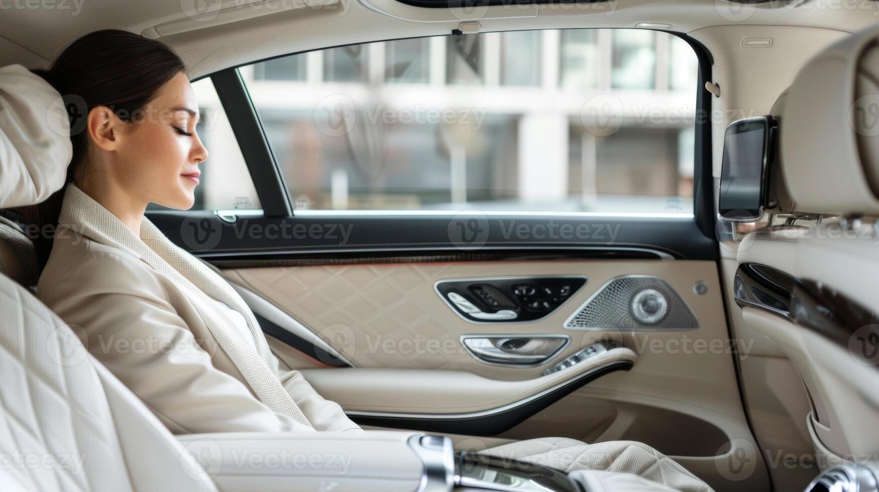 A woman admiring the intricate details and plush interior of a luxury sedan photo
