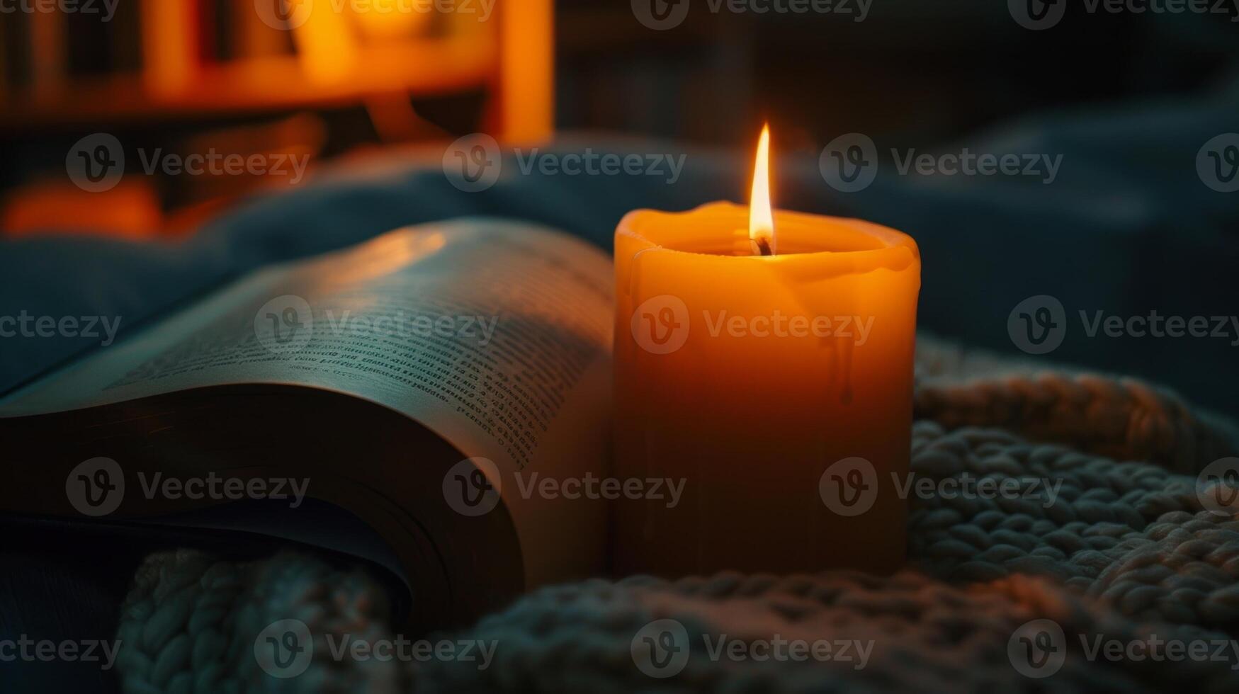 The flickering orange light of the candles creates a dreamy and poetic atmosphere perfect for the reading. 2d flat cartoon photo