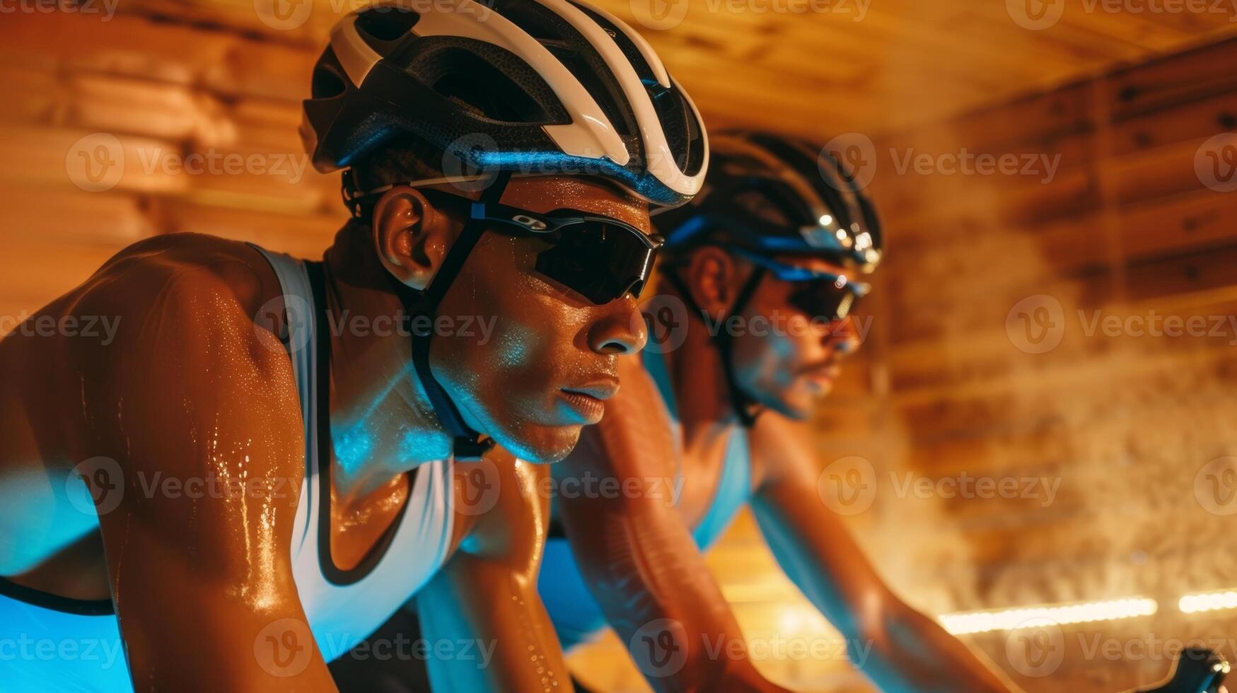 A group of cyclists using a sauna after a race demonstrating how saunas can speed up muscle recovery and decrease soreness. photo