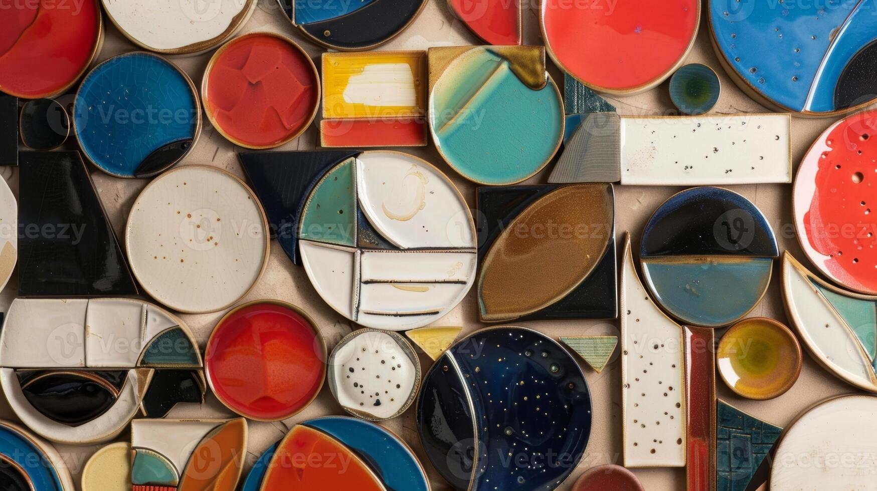 A seemingly random arrangement of shapes and colors this ceramic wall hanging is a playful exploration of abstract design. photo