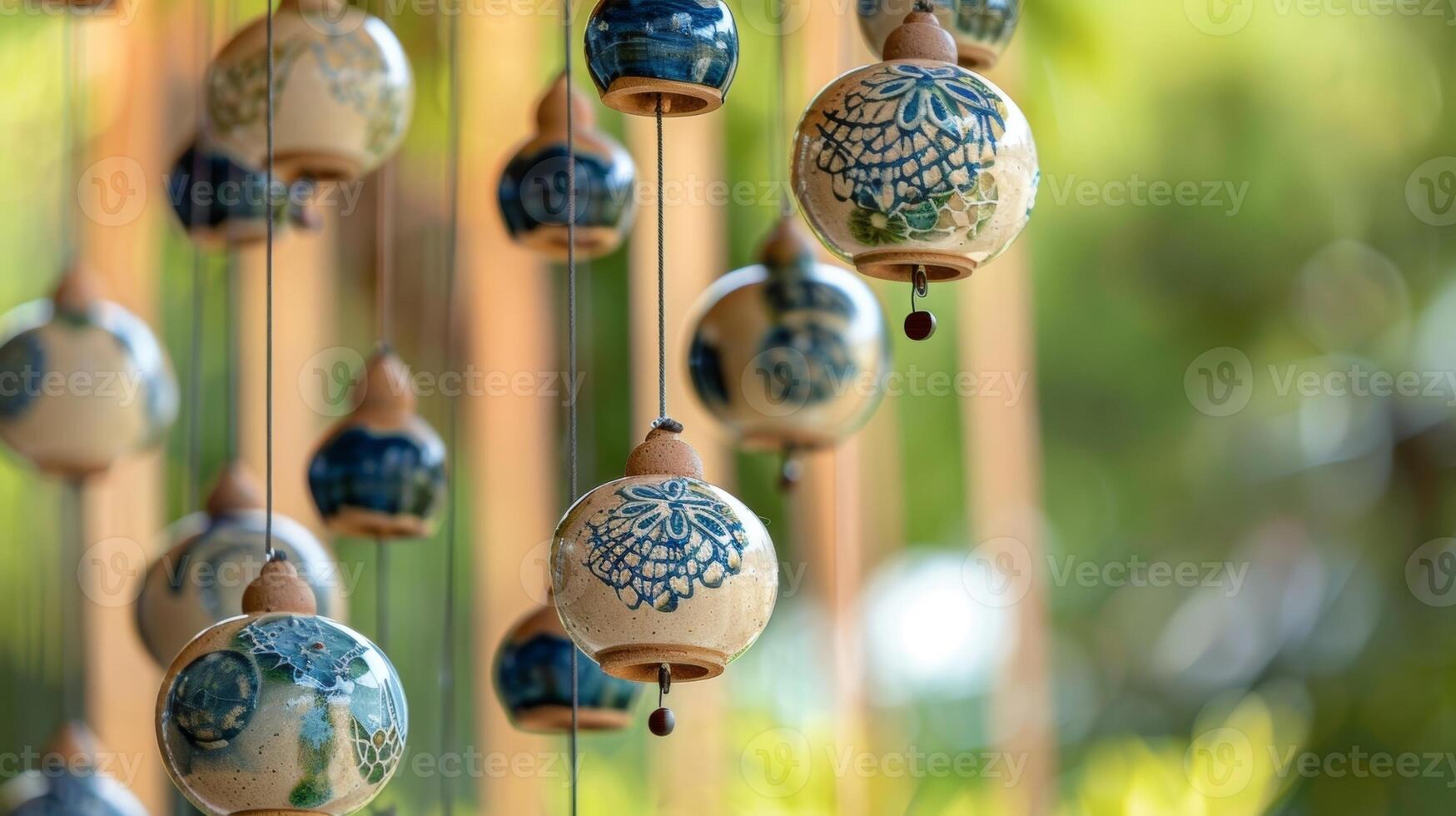 A closeup shot of a ceramic wind chimes intricate design with multiple layers of differentsized ceramic pieces hanging from a wooden base. photo