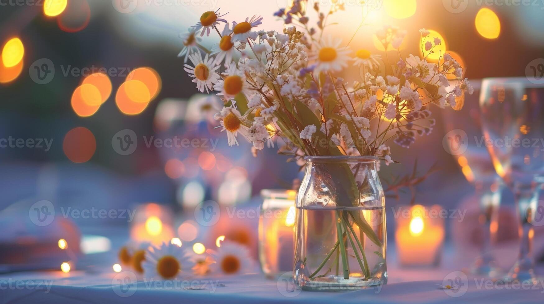 Delicate glass vases hold s of wildflowers creating a whimsical centerpiece on the candlelit table. 2d flat cartoon photo