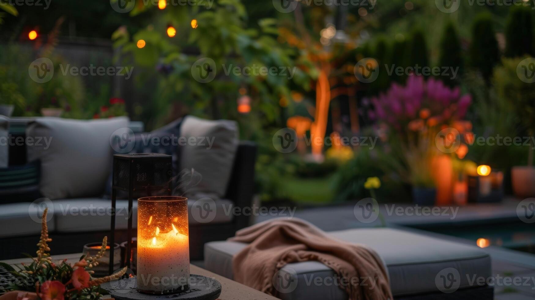 The warmth of the fire from the candle casts a cozy glow over the entire outdoor space creating a welcoming ambiance. 2d flat cartoon photo