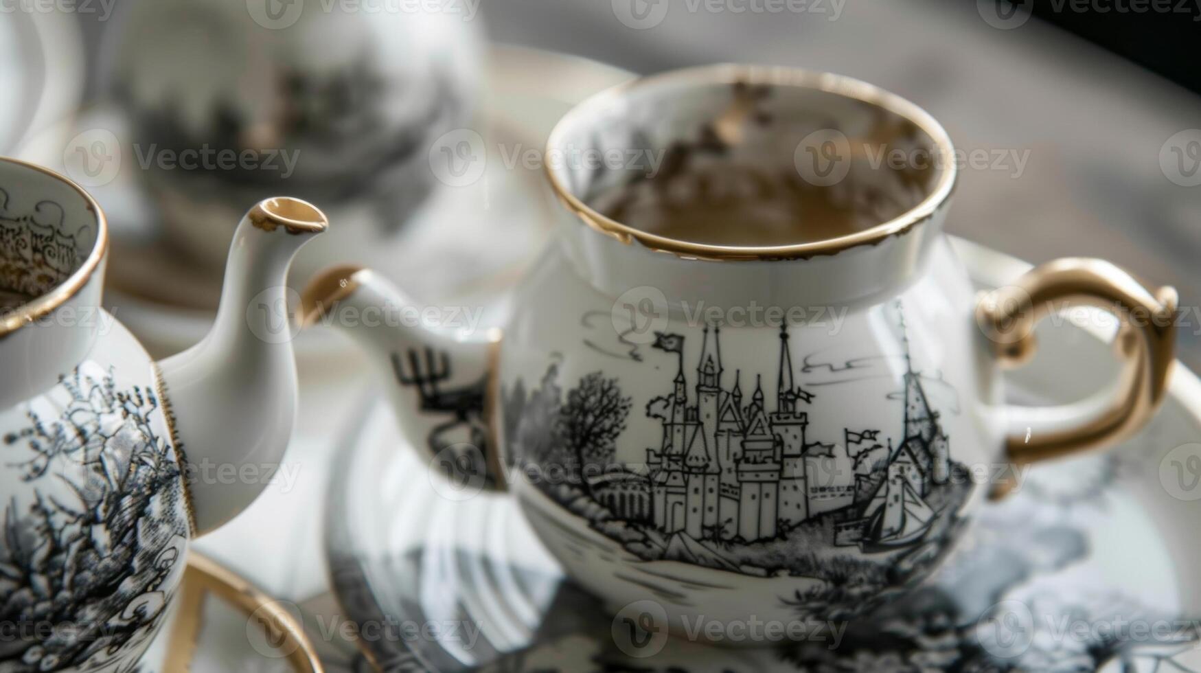 A fairytaleinspired porcelain tea set featuring engraved images of castles and mythical creatures. photo