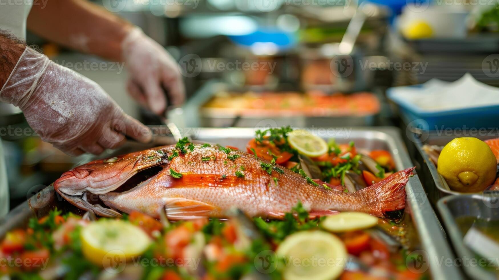 The skilled cook carefully prepares a platter of freshcaught fish using only the finest and most flavorful ingredients found in the surrounding area photo