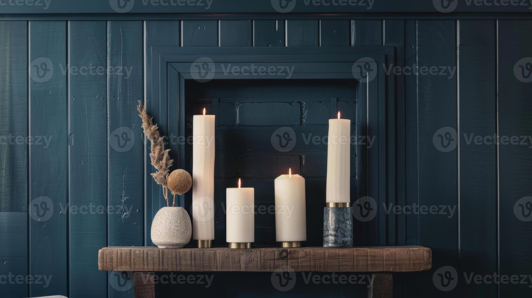 el sencillez y sofisticación de un manto con esbelto velas en profundo temperamental colores me gusta borgoña o Armada azul. 2d plano dibujos animados foto