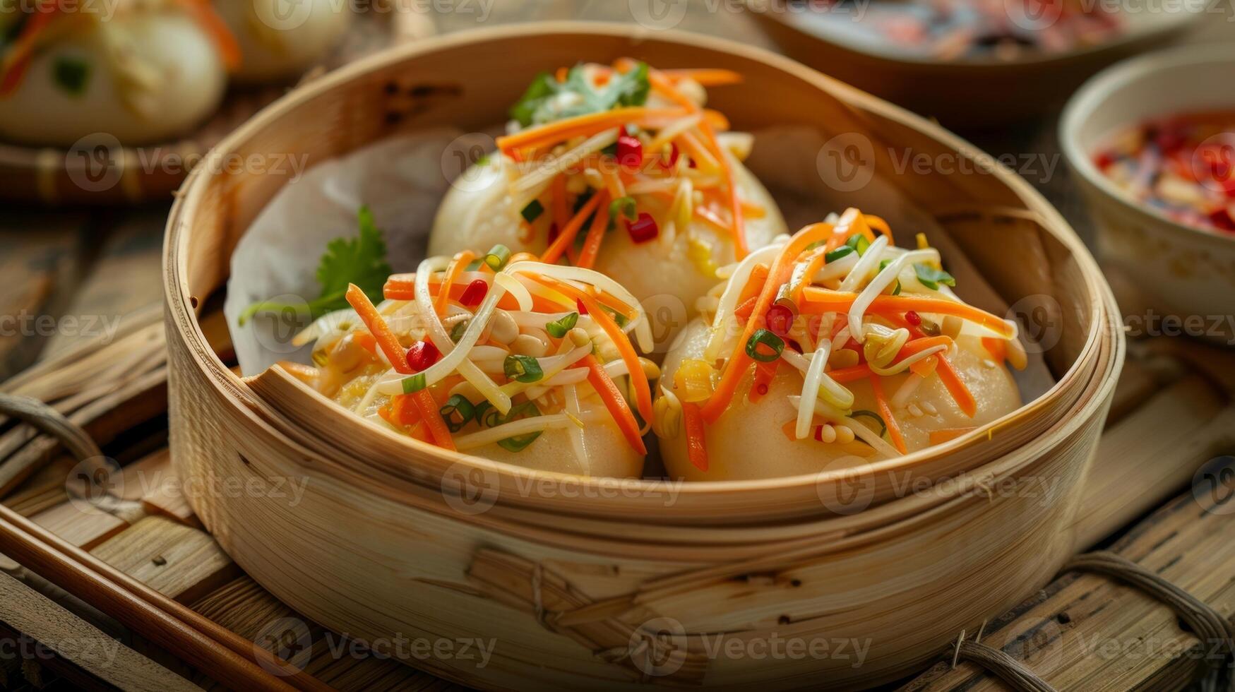 A vibrant papaya salad adds a refreshing tropical twist to the traditional steamed buns photo