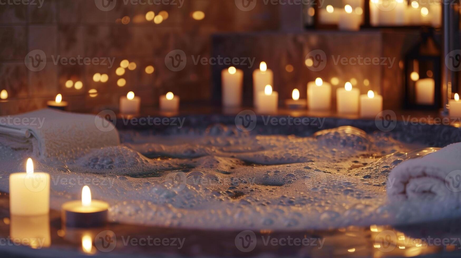 A luxurious bathtub filled with bubbles and surrounded by a ring of candles of varying sizes. The flames dance and play in the water casting mesmerizing shadows on the 2d flat cartoon photo