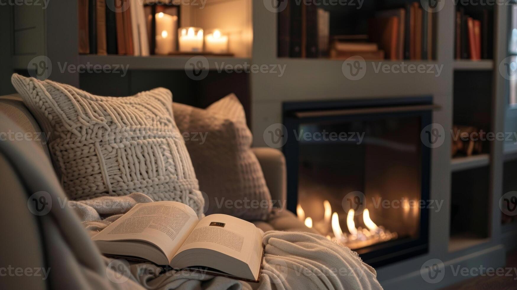 A cozy reading nook is enhanced by a seethrough fireplace making it the ideal spot to curl up with a book and enjoy the warmth. 2d flat cartoon photo