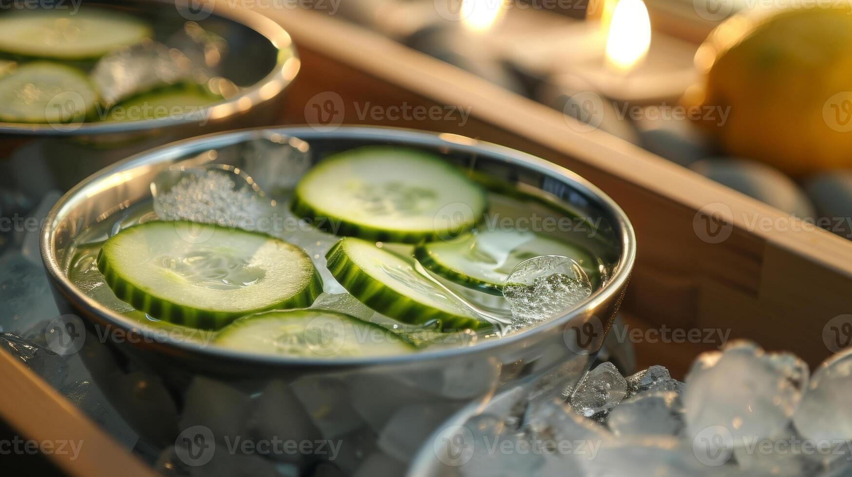 un bandeja de Fresco rebanadas de Pepino y limón flotante en un cuenco de hielo frío agua Listo a actualizar y revitalizar mientras tomando un sauna descanso. foto