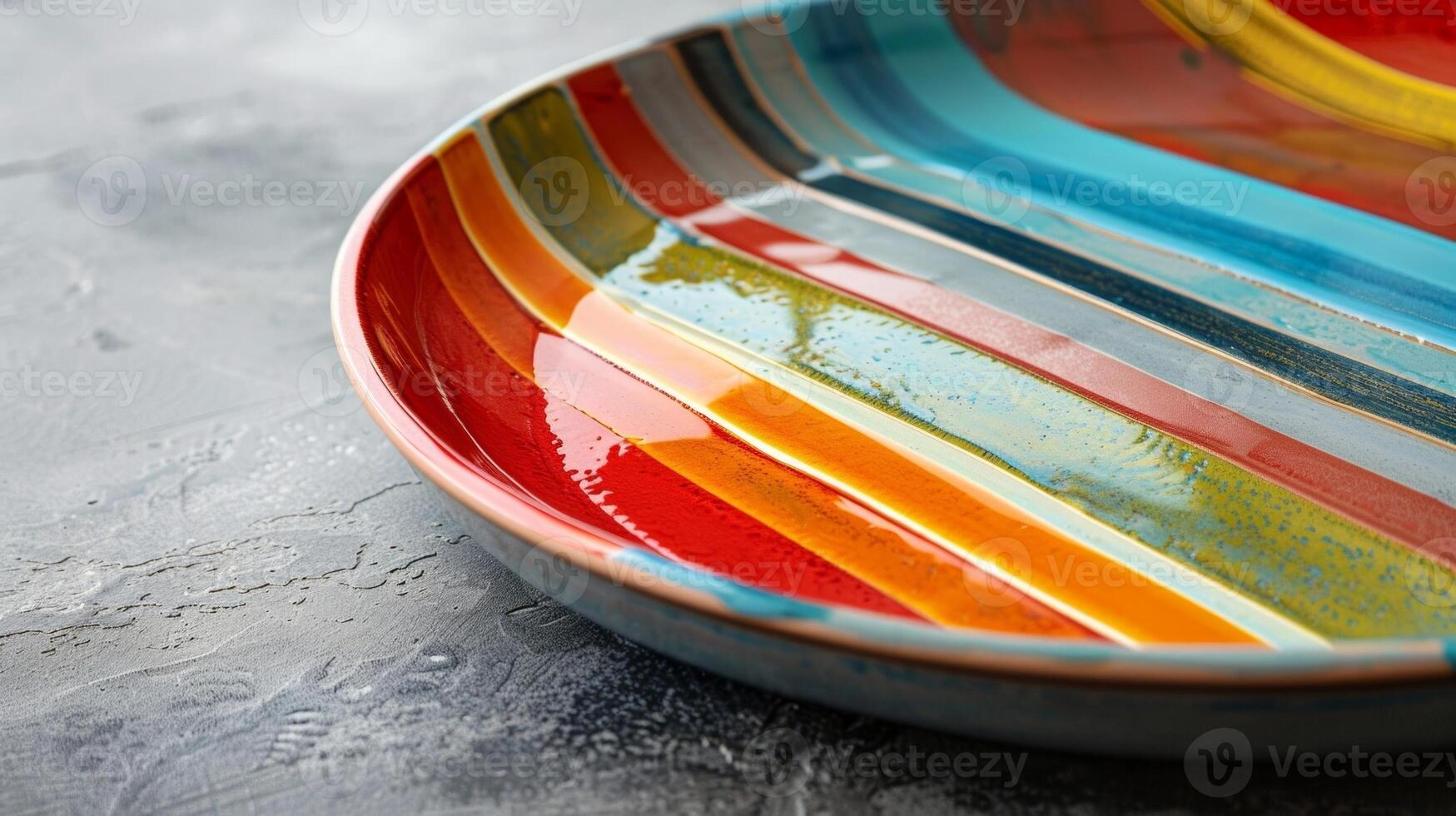 A large round platter with a colorful striped design perfect for serving appetizers or as a statement piece on a kitchen wall. photo