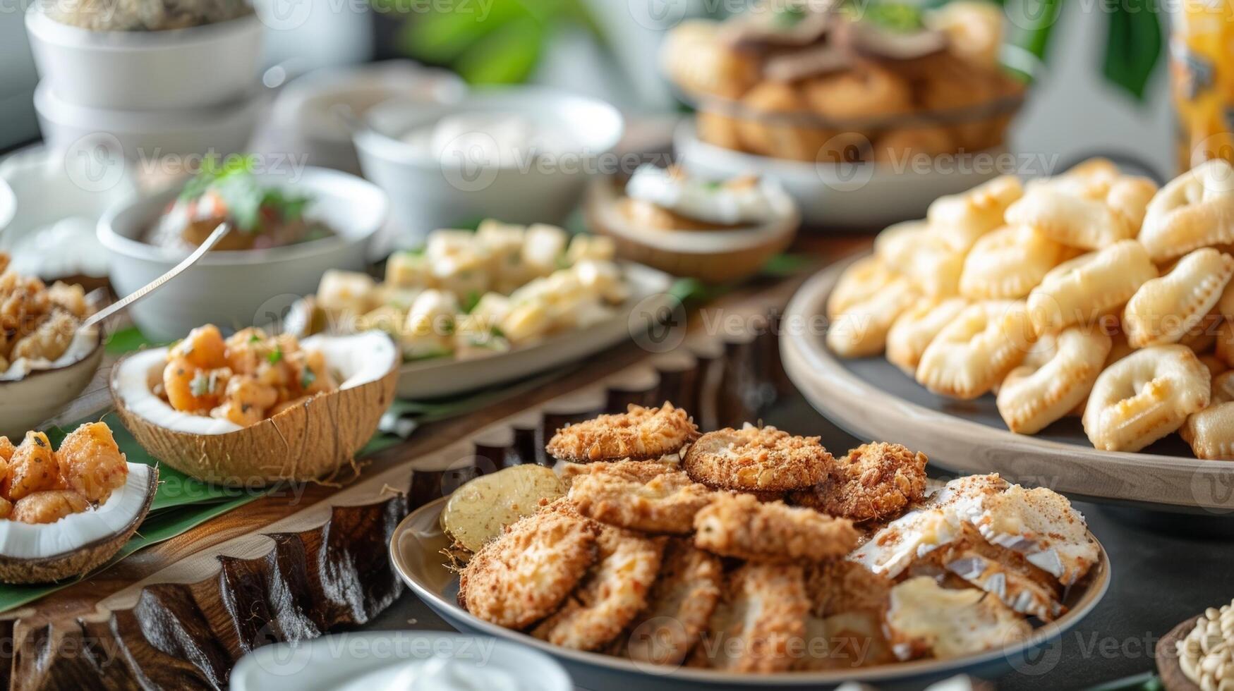A beautiful spread of coconutinspired snacks and appetizers are on display for a midclass break photo