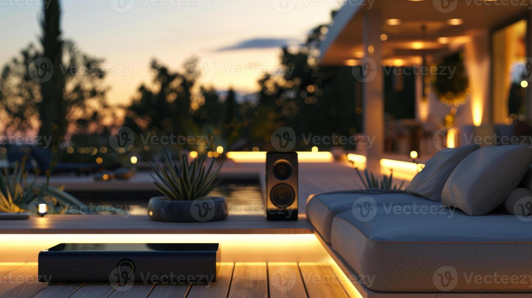 A sleek and modern outdoor lounge area with a stateoftheart sound system perfect for listening to music and enjoying afternoon tails in the open air photo