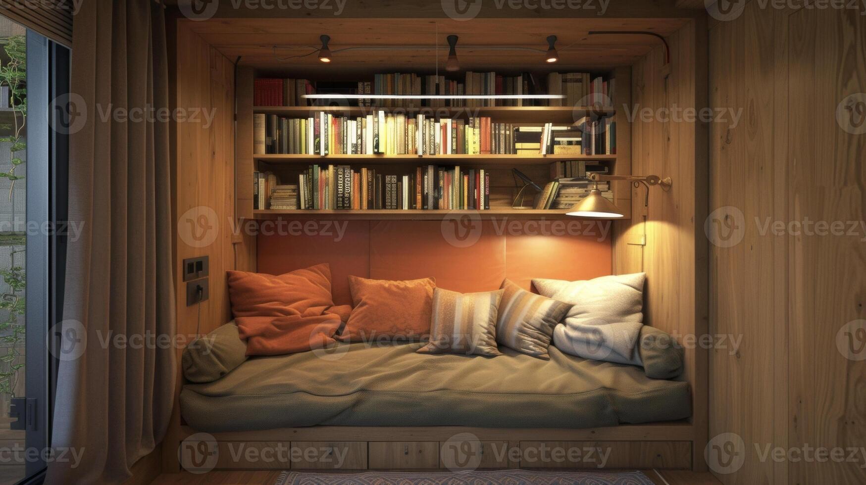A cozy reading nook with a builtin bookshelf and hidden outlets for charging electronic devices photo