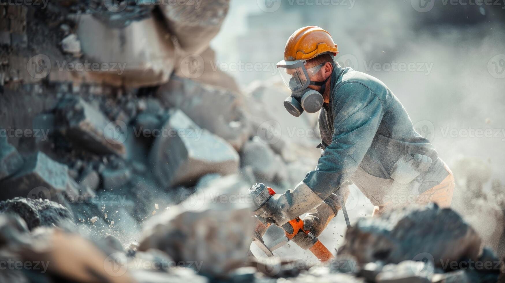 A worker is seen wearing protective glasses and a face mask while using a jackhammer to break apart rocks following proper safety measures to avoid dust and debris inhalation photo