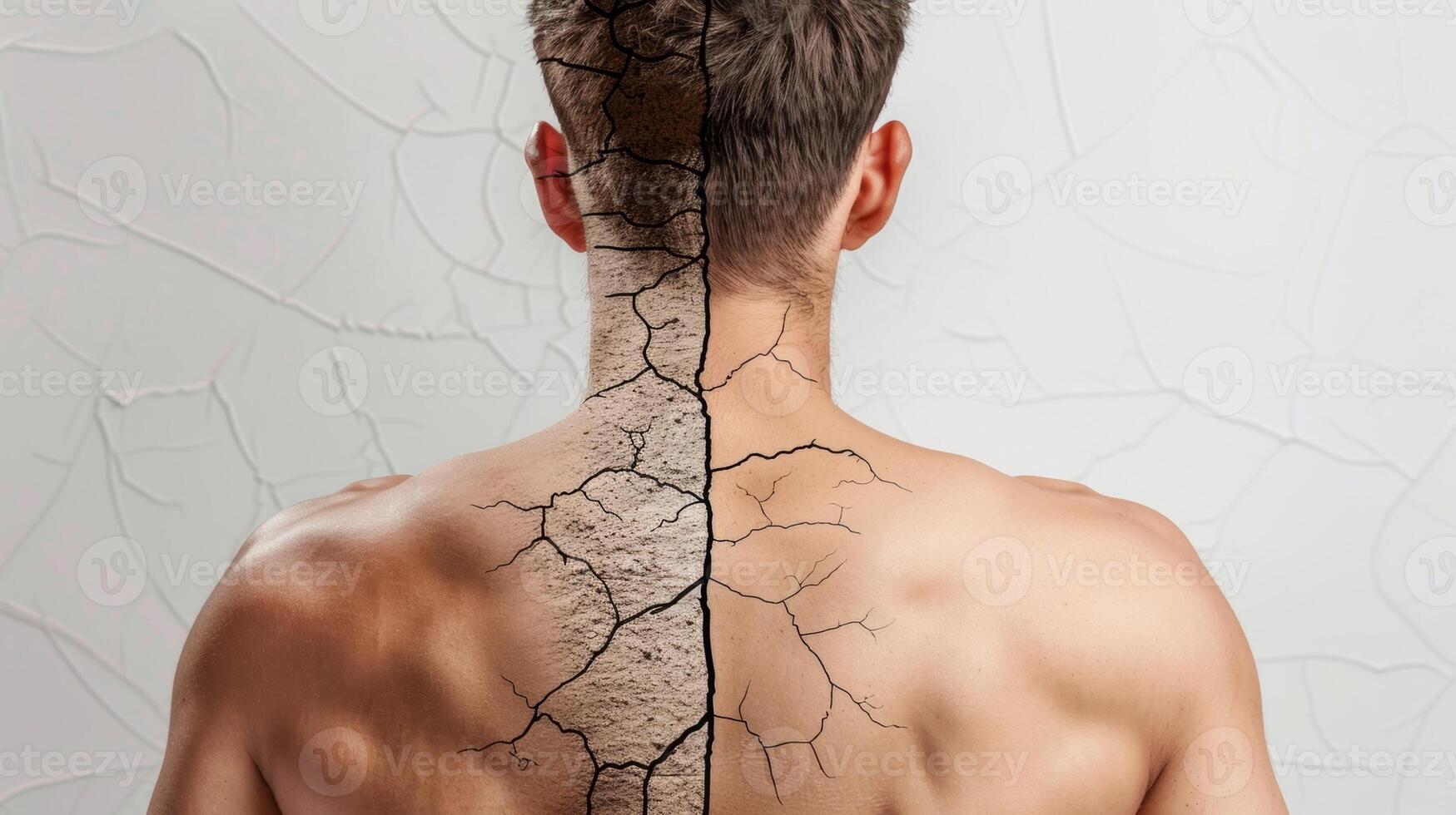 An illustration of a mans back one side showing dry and flaky skin while the other displays healthy and nourished skin transformed by skin rejuvenation therapy. photo