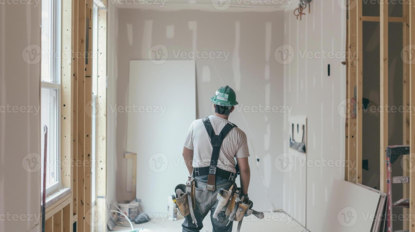 Working efficiently and with precision the drywall installers expertly install new panels and flawlessly blend them into existing walls for a seamless finish in a home offic photo