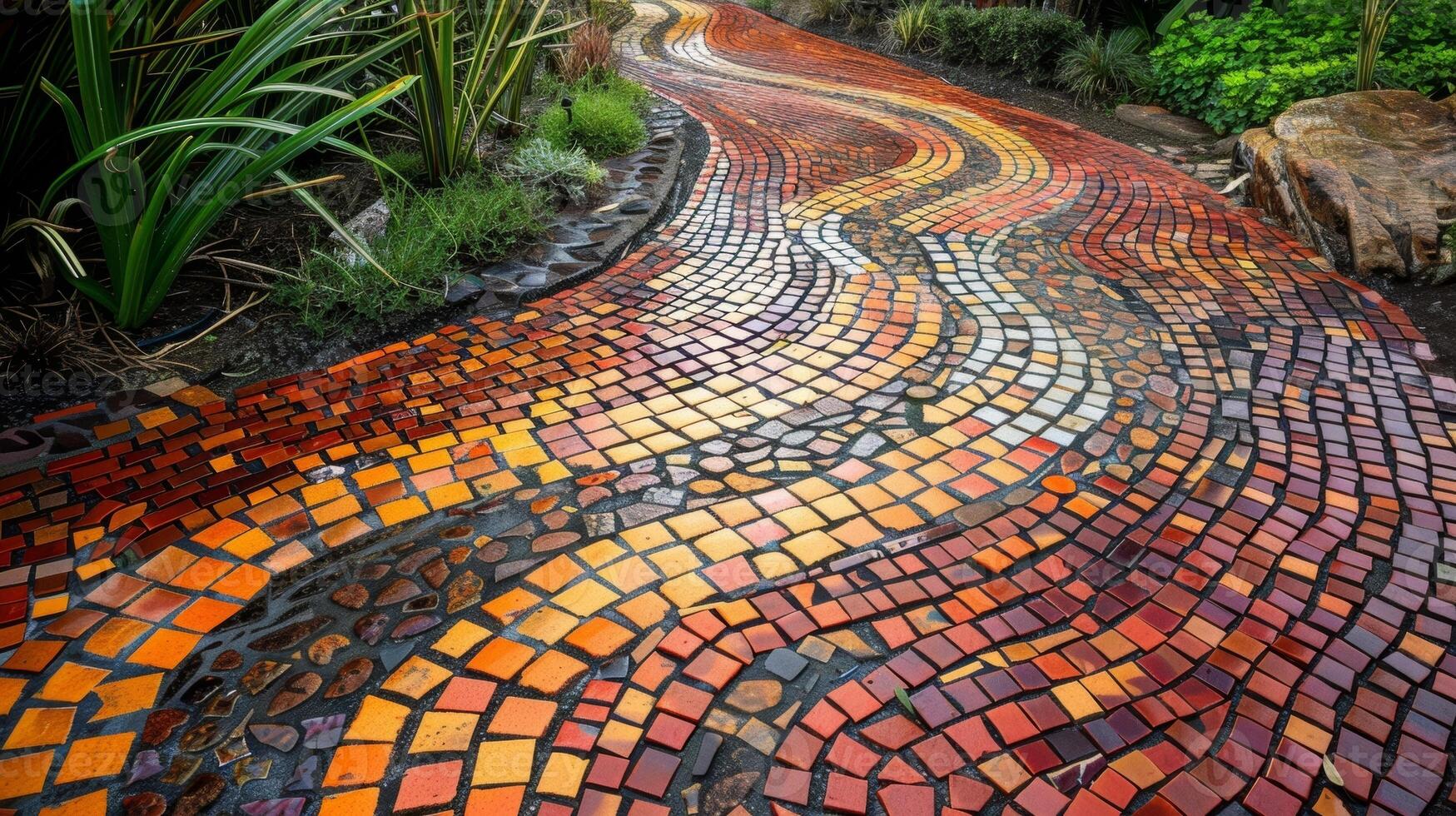 A mosaic garden path with ceramic tiles in shades of red orange and brown resembling a winding stream. photo