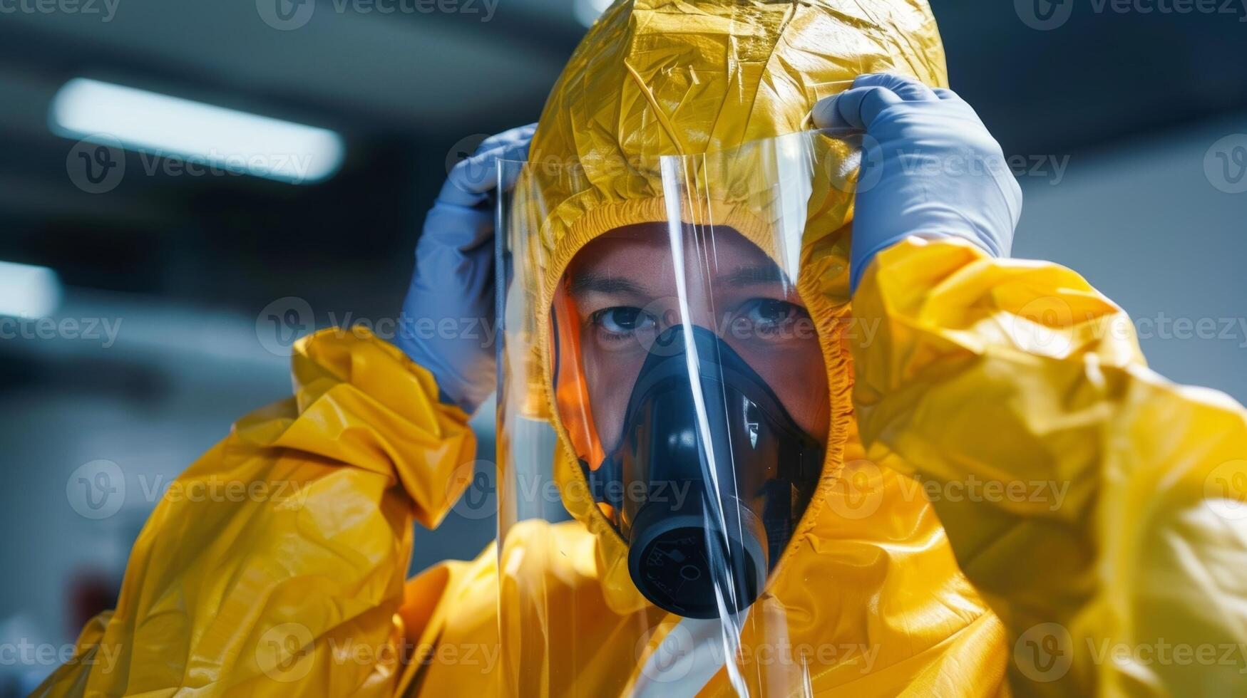 A worker donning a fullbody protective suit complete with a hood and elastic cuffs before entering a hazardous area photo