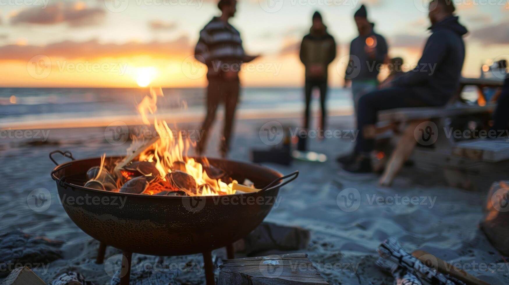 With the sound of waves crashing in the background a group of nature enthusiasts gather around a fire pit on the beach preparing a delightful meal of locally sourced seafood photo
